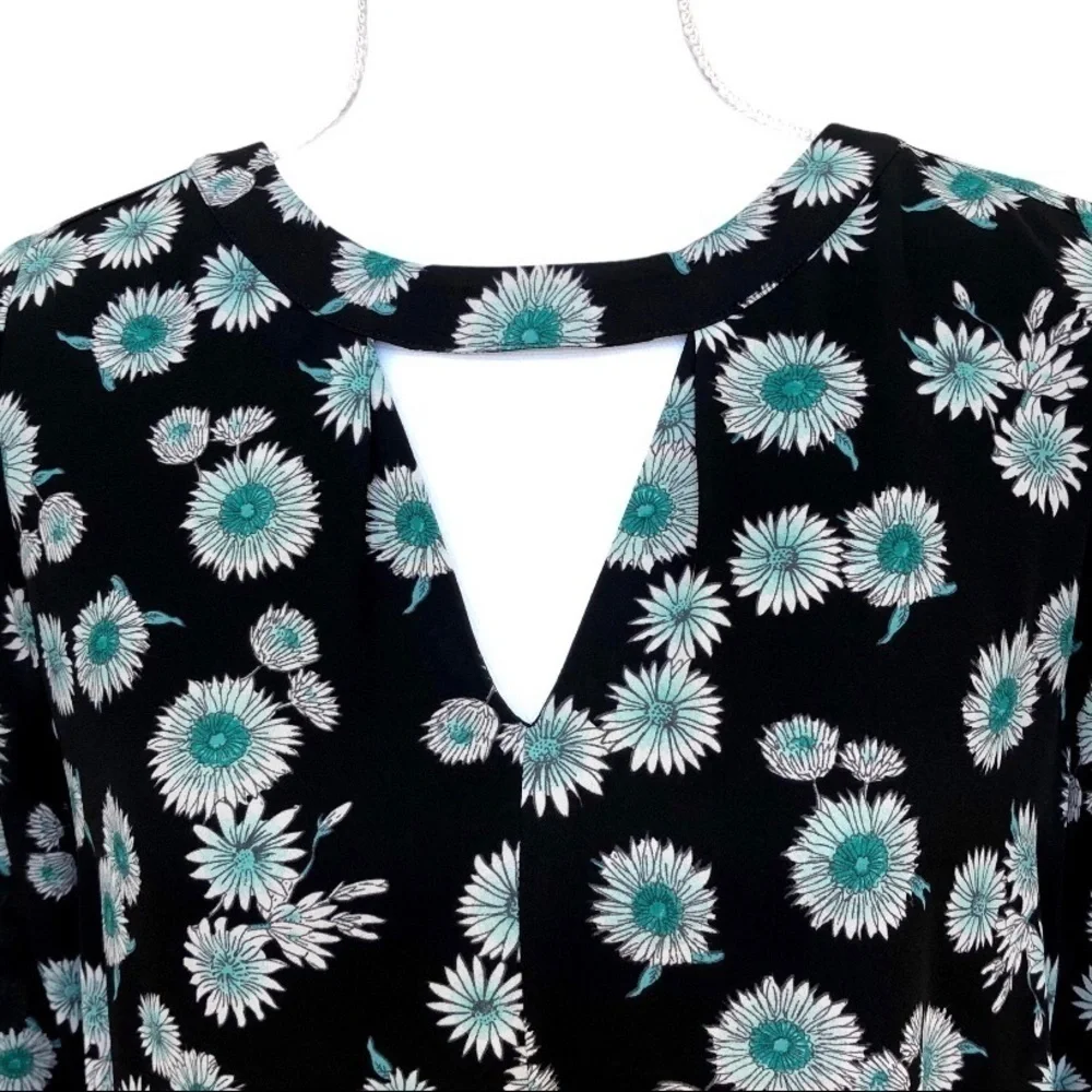 Black & Teal Floral Babydoll Dress Long Sleeves Size XS